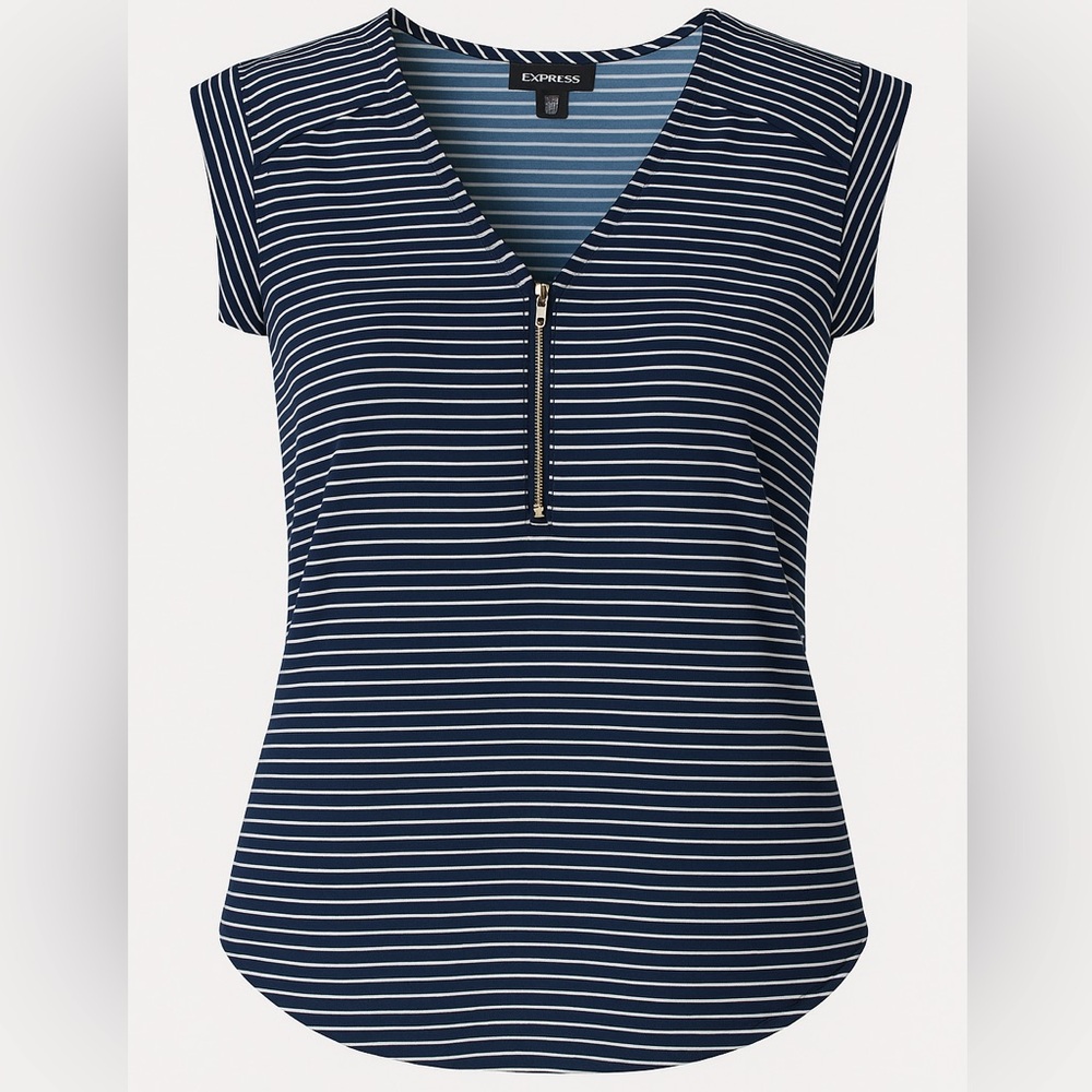 Express Navy & White Striped Zip-Front Blouse with Cap Sleeves Size M